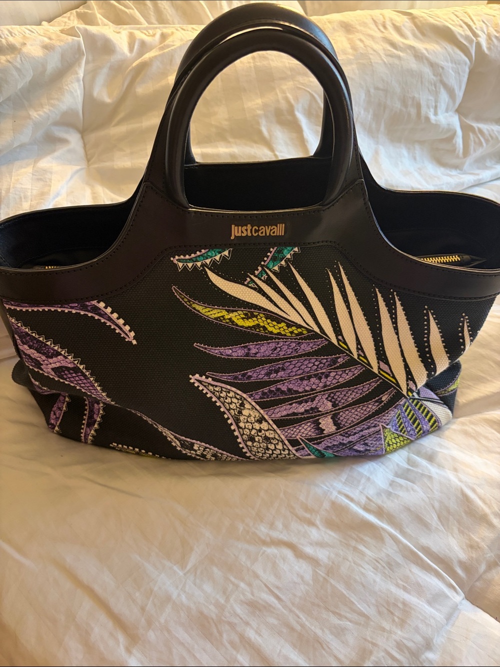 Just Cavalli Black Tote with Purple & White Leaf Print